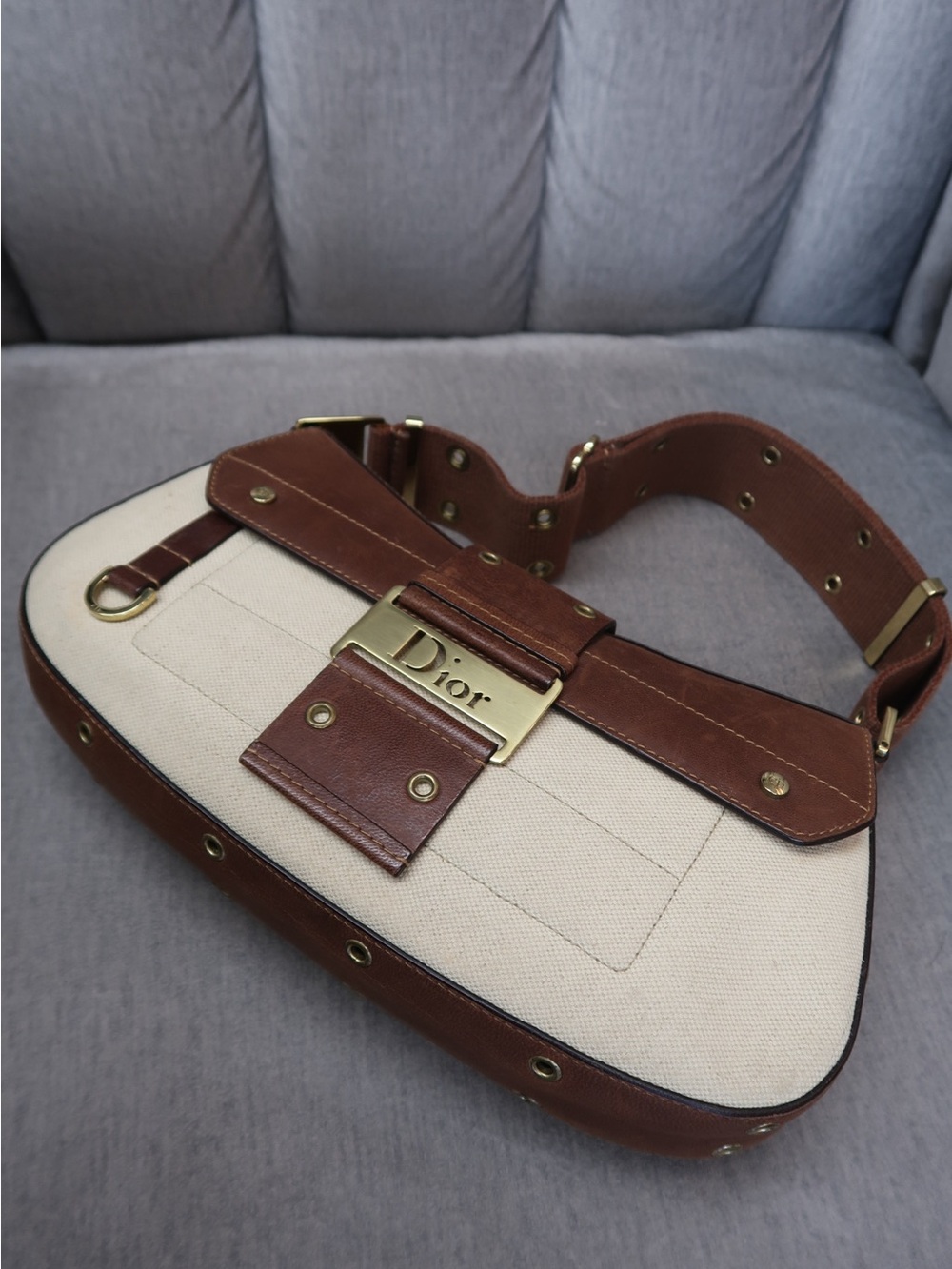 Dior Brown & Cream Canvas Shoulder Bag with Gold Hardware - Picture 2 of 10